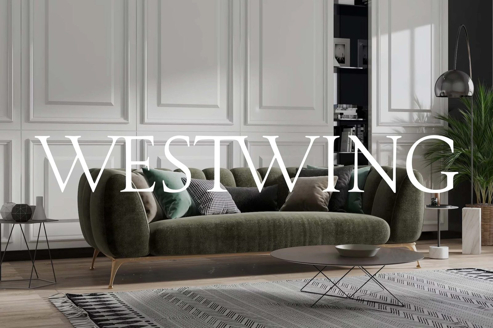 Beautifully curated modern living room with designer sofa, textiles, and warm lighting styled by Westwing