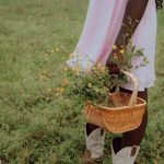 Person holds a basket of flowers in a field.