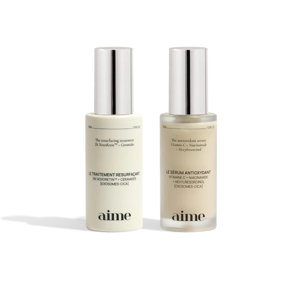 Aime skincare serum duo presented in a clean French beauty setting