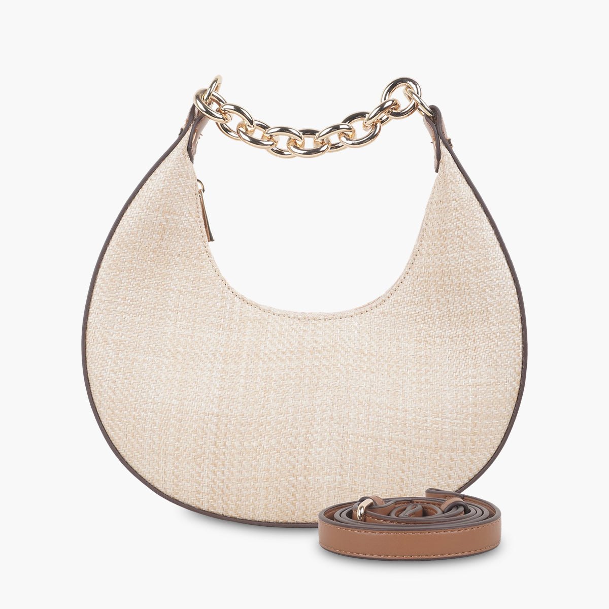 Balaboosté écru and camel half-moon straw-effect bag