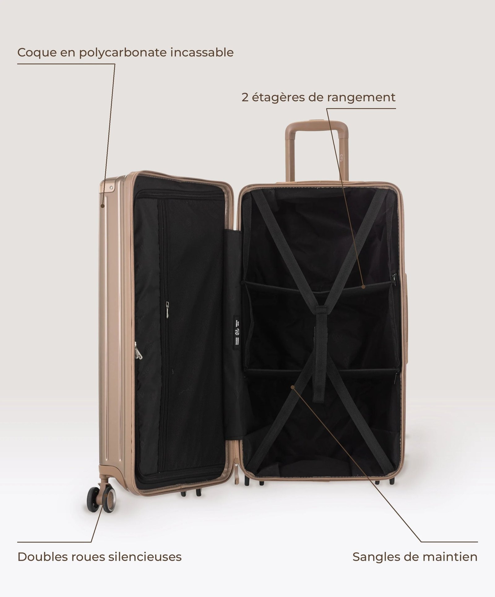 Open champagne GYL Intemporelle Trunk L showing its interior storage