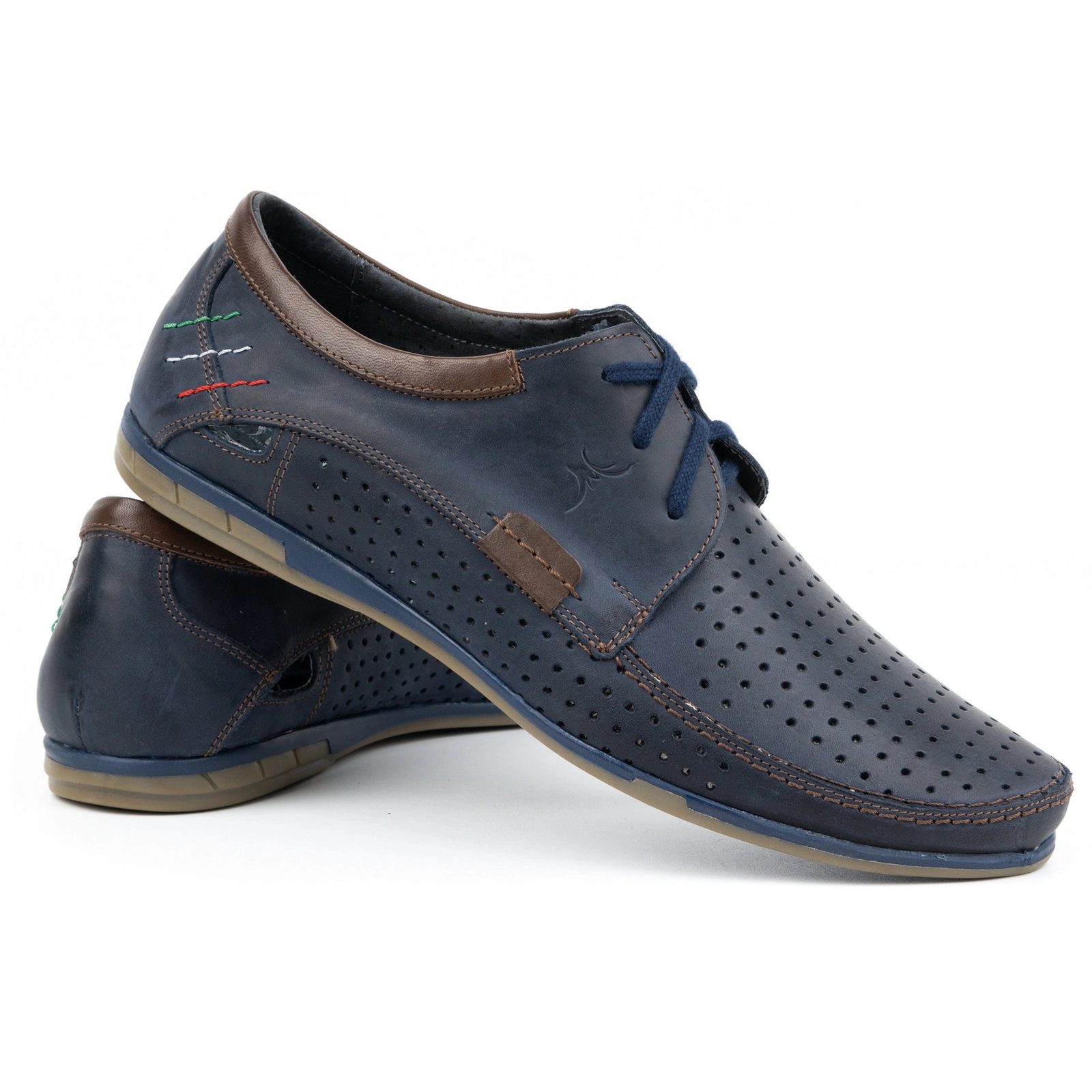 Buty Olivier men's navy blue openwork leather moccasins and loafers for breathable summer elegance