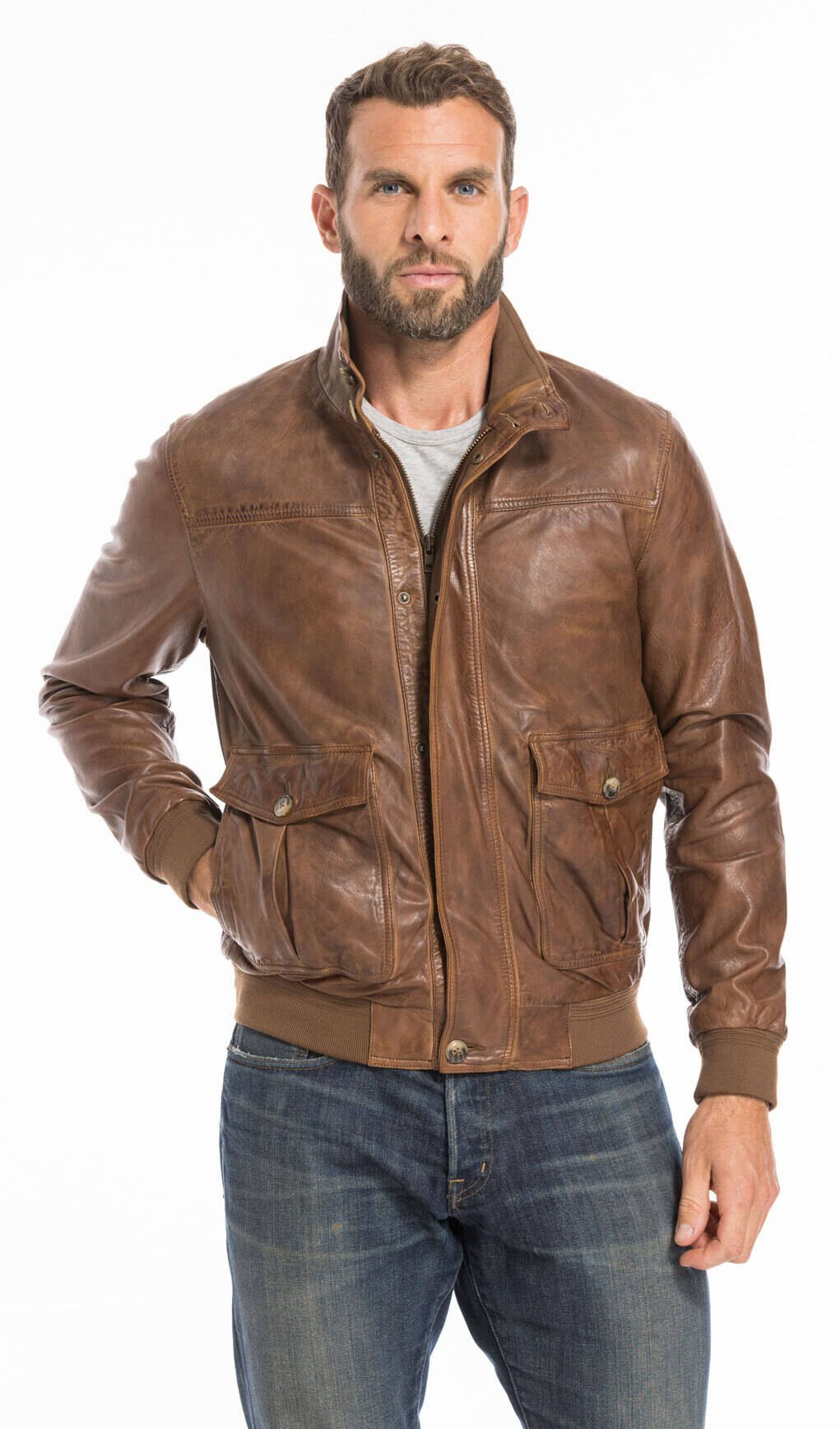 Tobacco brown leather pilot jacket from Cuirs Guignard