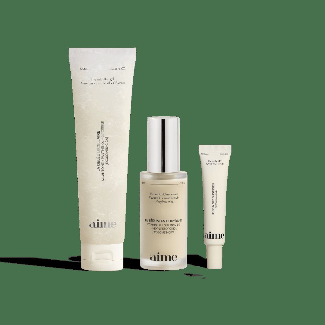 Aime morning skincare routine with cleanser and beauty essentials
