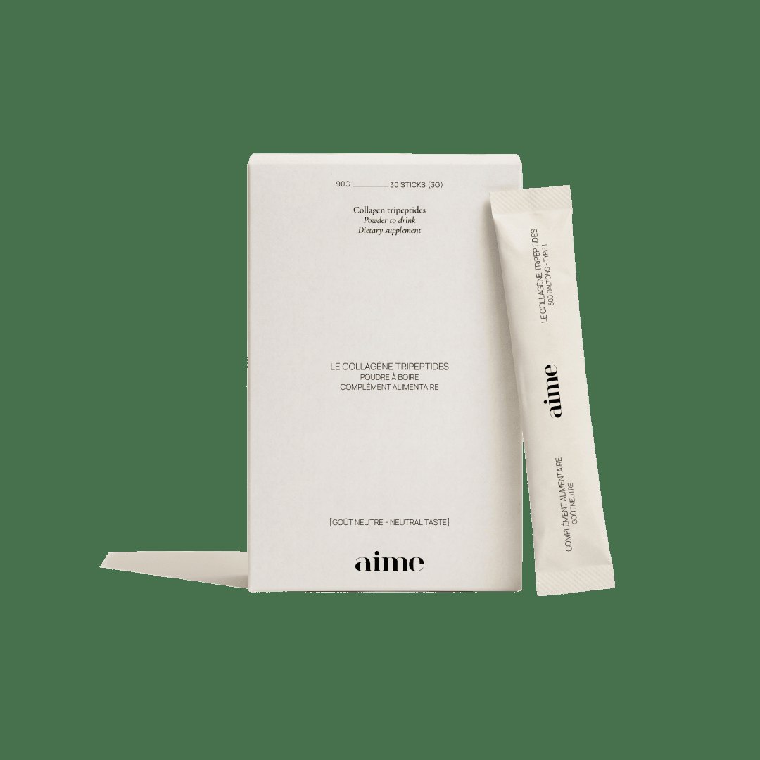 Aime collagen beauty supplement displayed with a minimalist skincare collection